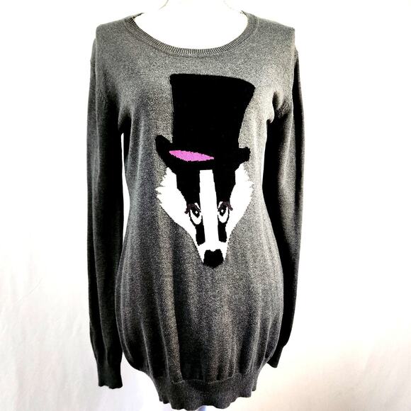 Louche Novelty Print Sweater Jumper Mr. Badger Size XS Long Stretch Cotton - Picture 1 of 12